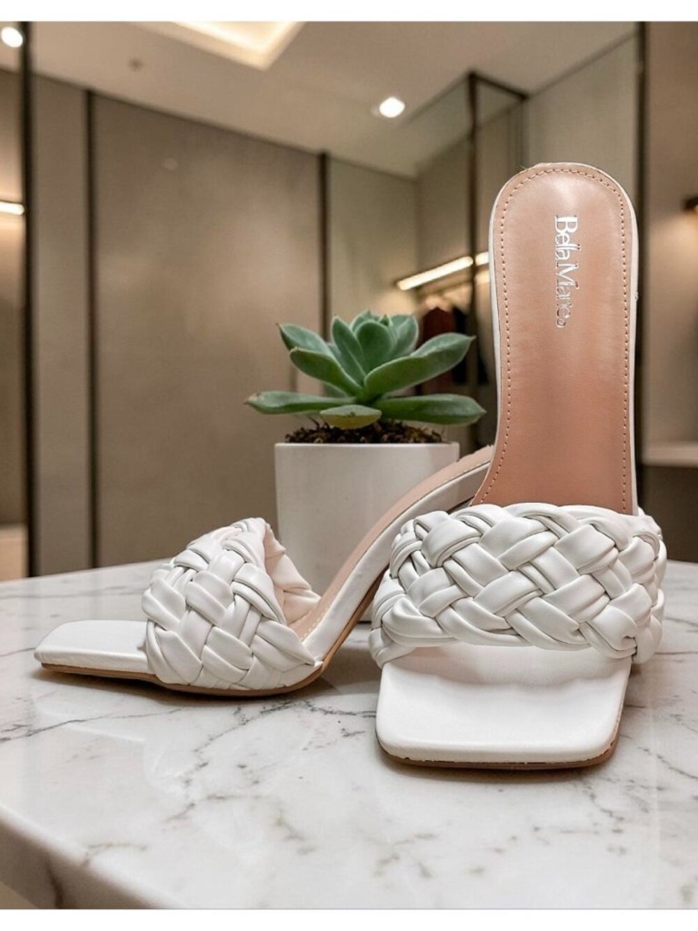Braided White Heeled Mules With Square-Toe Design & Stiletto Heels